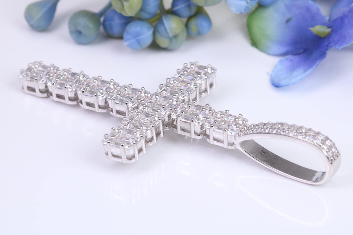 Large 65 mm Long Cubic Zirconia set Cross Necklace, made from solid Sterling Silver