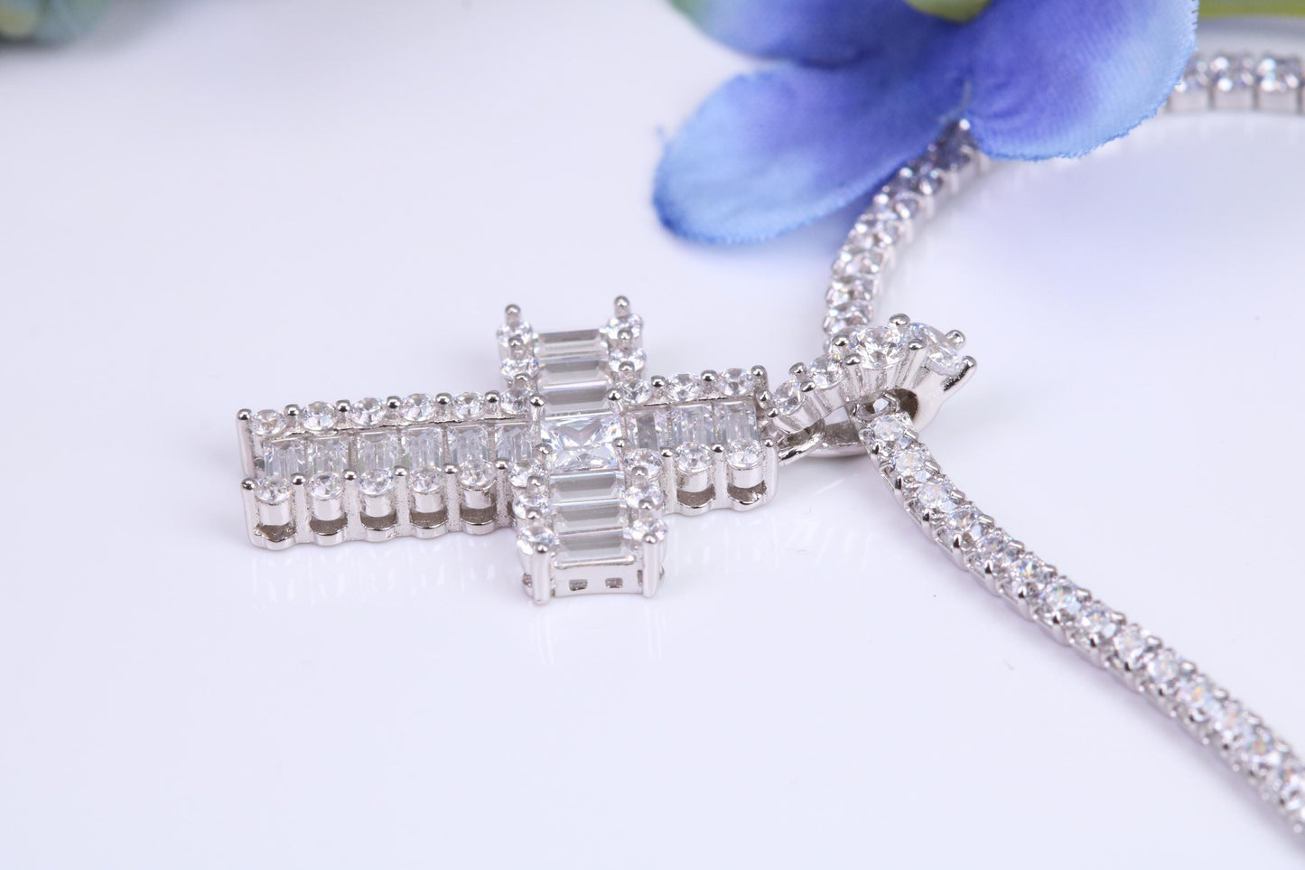 28 mm Long Cubic Zirconia set Cross Necklace, made from solid Sterling Silver