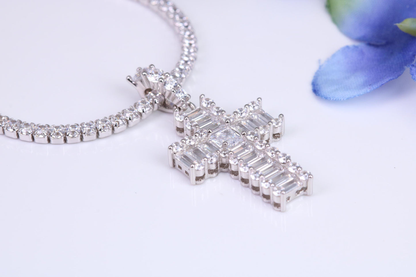28 mm Long Cubic Zirconia set Cross Necklace, made from solid Sterling Silver