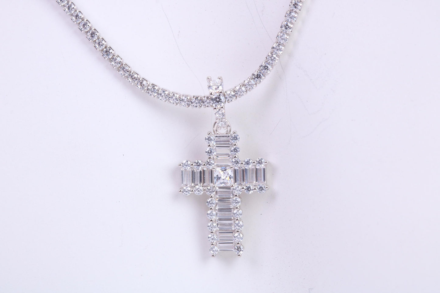 28 mm Long Cubic Zirconia set Cross Necklace, made from solid Sterling Silver