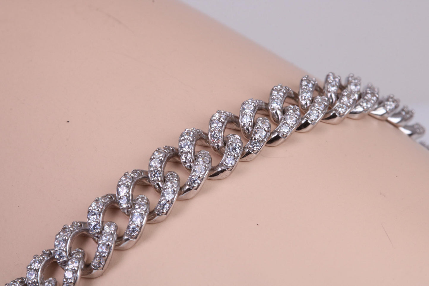 C Z set Curb Link Bracelet, AAA Graded C Z, Made from solid Sterling Silver, 8.50 Inches Long and 9 mm Wide, Length Adjustable