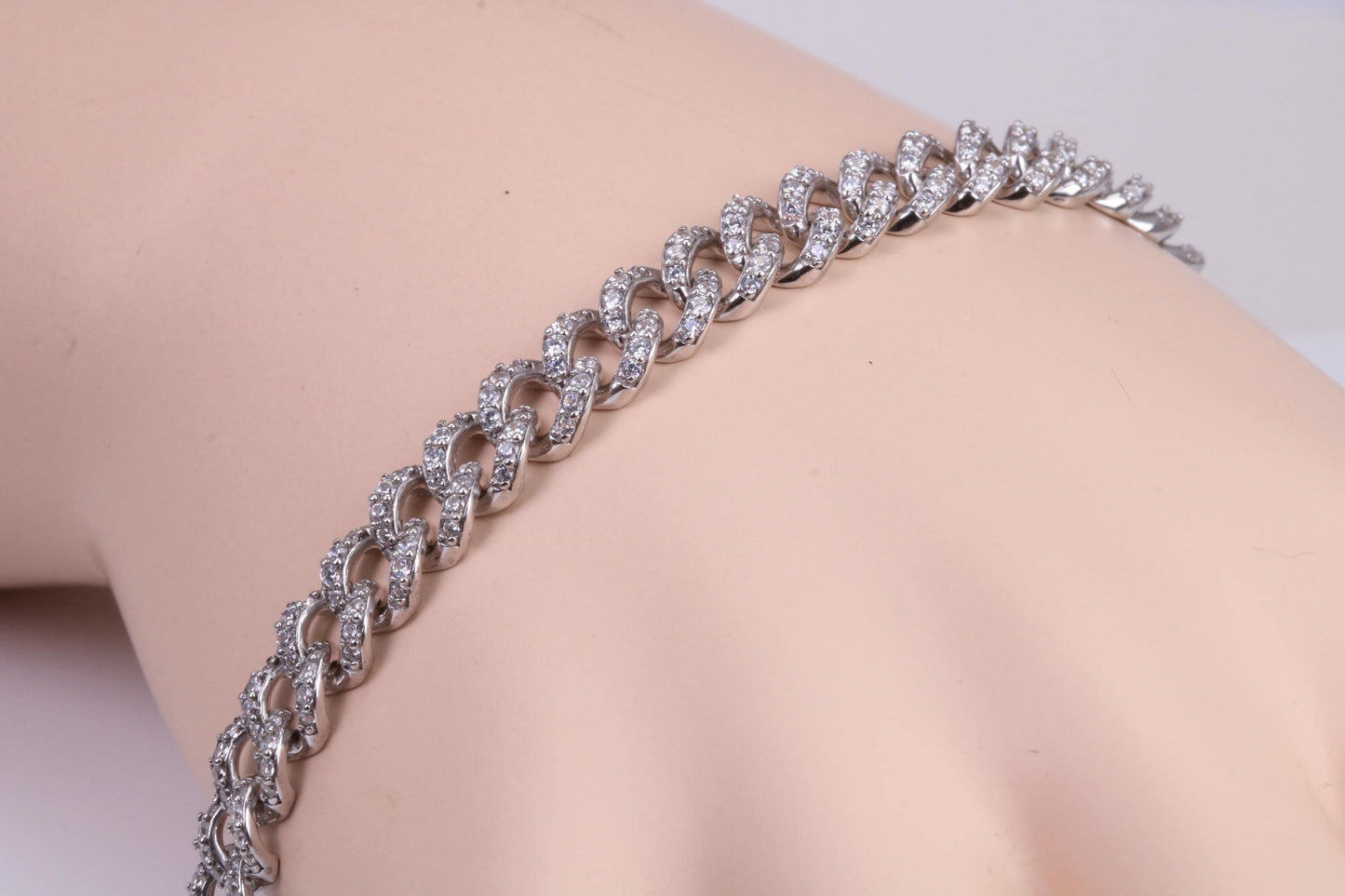 C Z set Curb Link Bracelet, AAA Graded C Z, Made from solid Sterling Silver, 8.50 Inches Long and 9 mm Wide, Length Adjustable