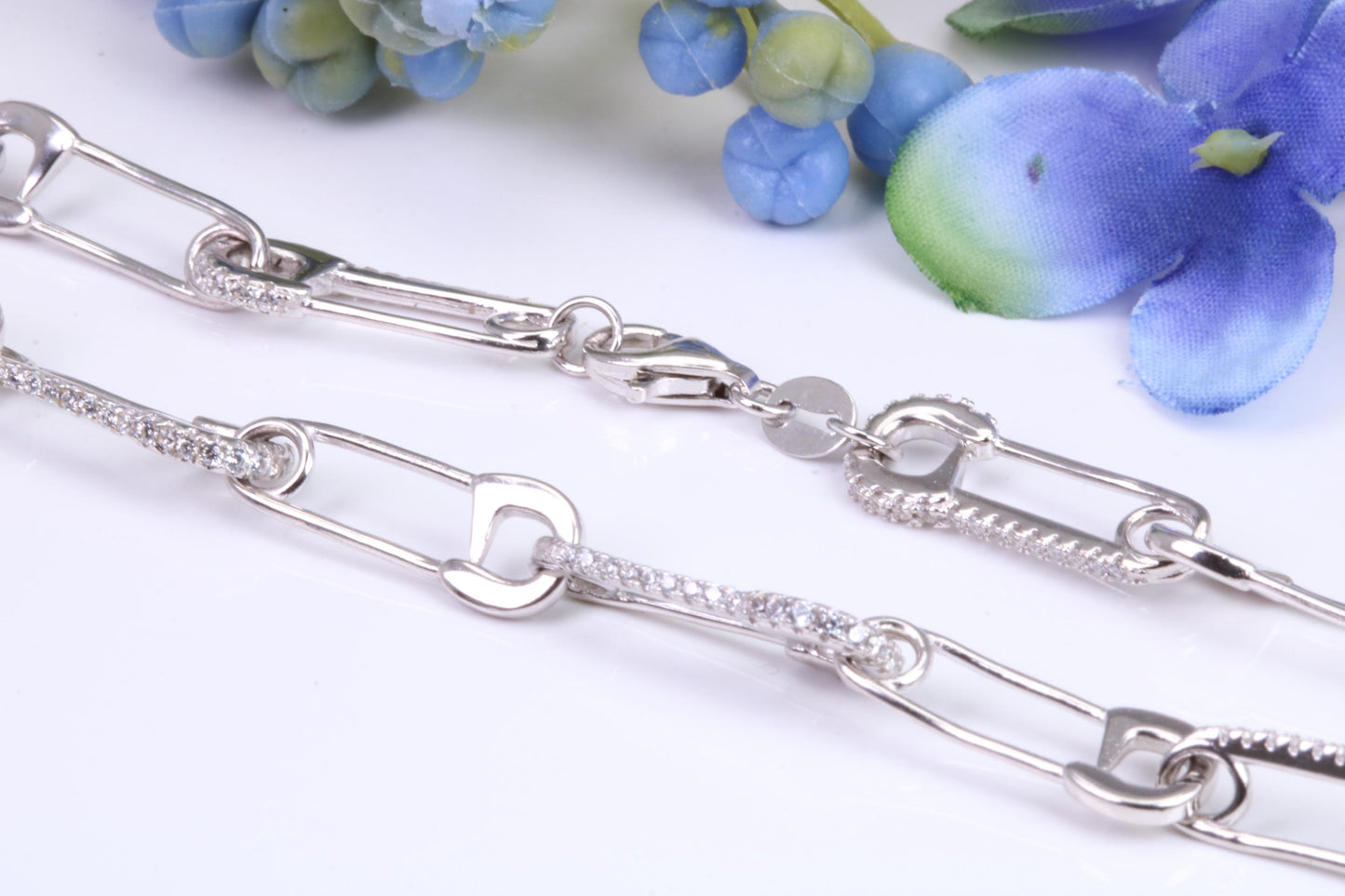 Safety Pin Links Chain, set with top graded Cubic Zirconia, made from solid Sterling Silver, 30 Inches Long x 7.5 mm wide