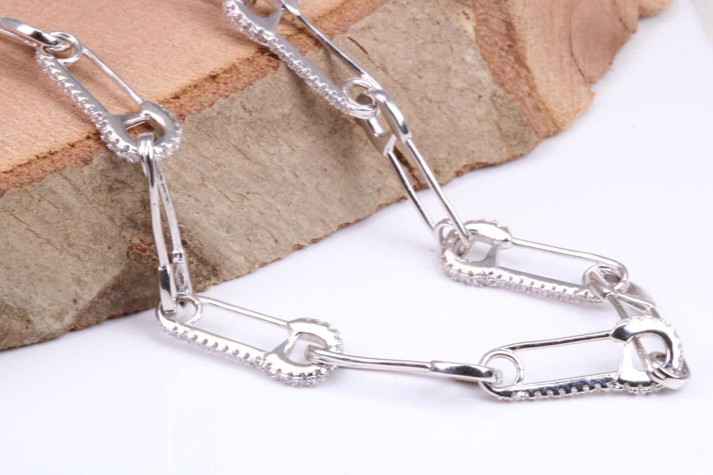 Safety Pin Links Chain, set with top graded Cubic Zirconia, made from solid Sterling Silver, 30 Inches Long x 7.5 mm wide