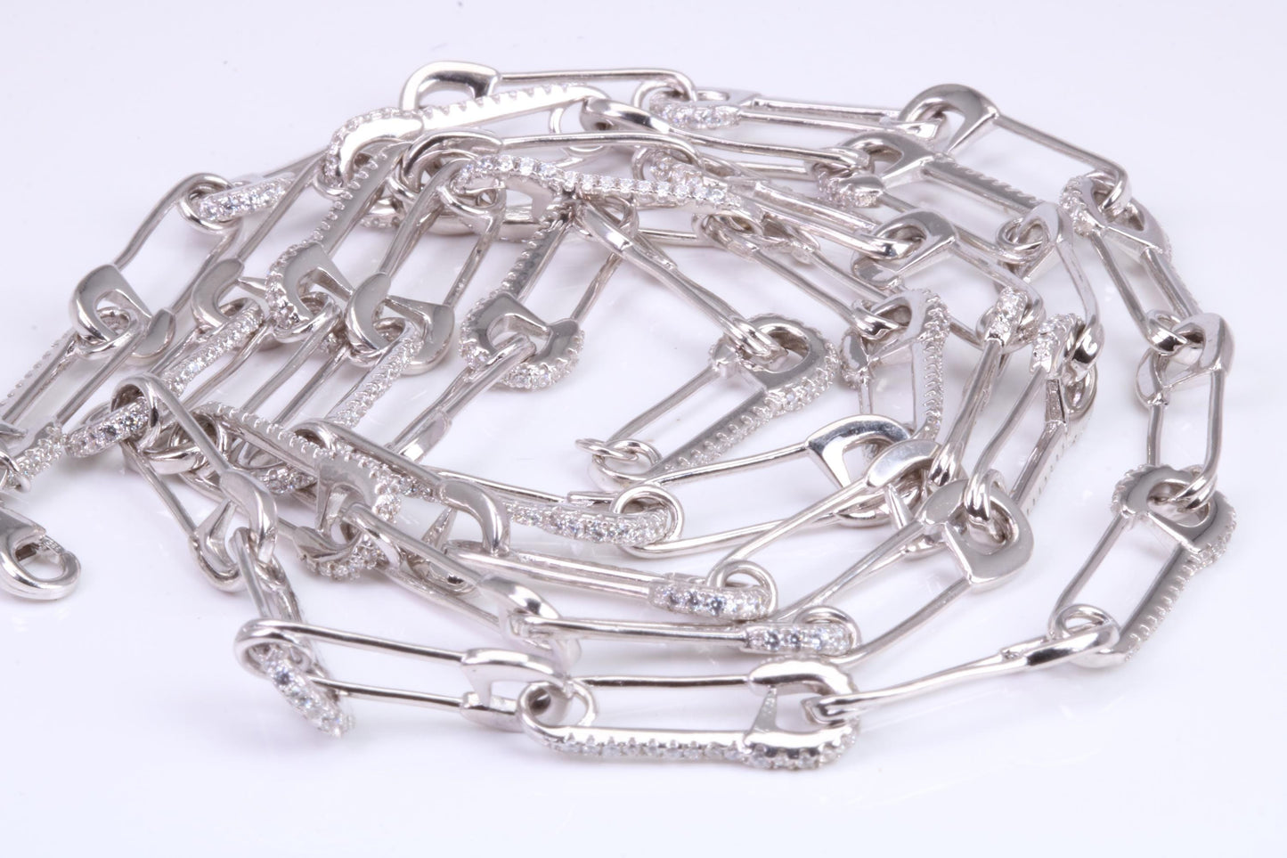 Safety Pin Links Chain, set with top graded Cubic Zirconia, made from solid Sterling Silver, 30 Inches Long x 7.5 mm wide