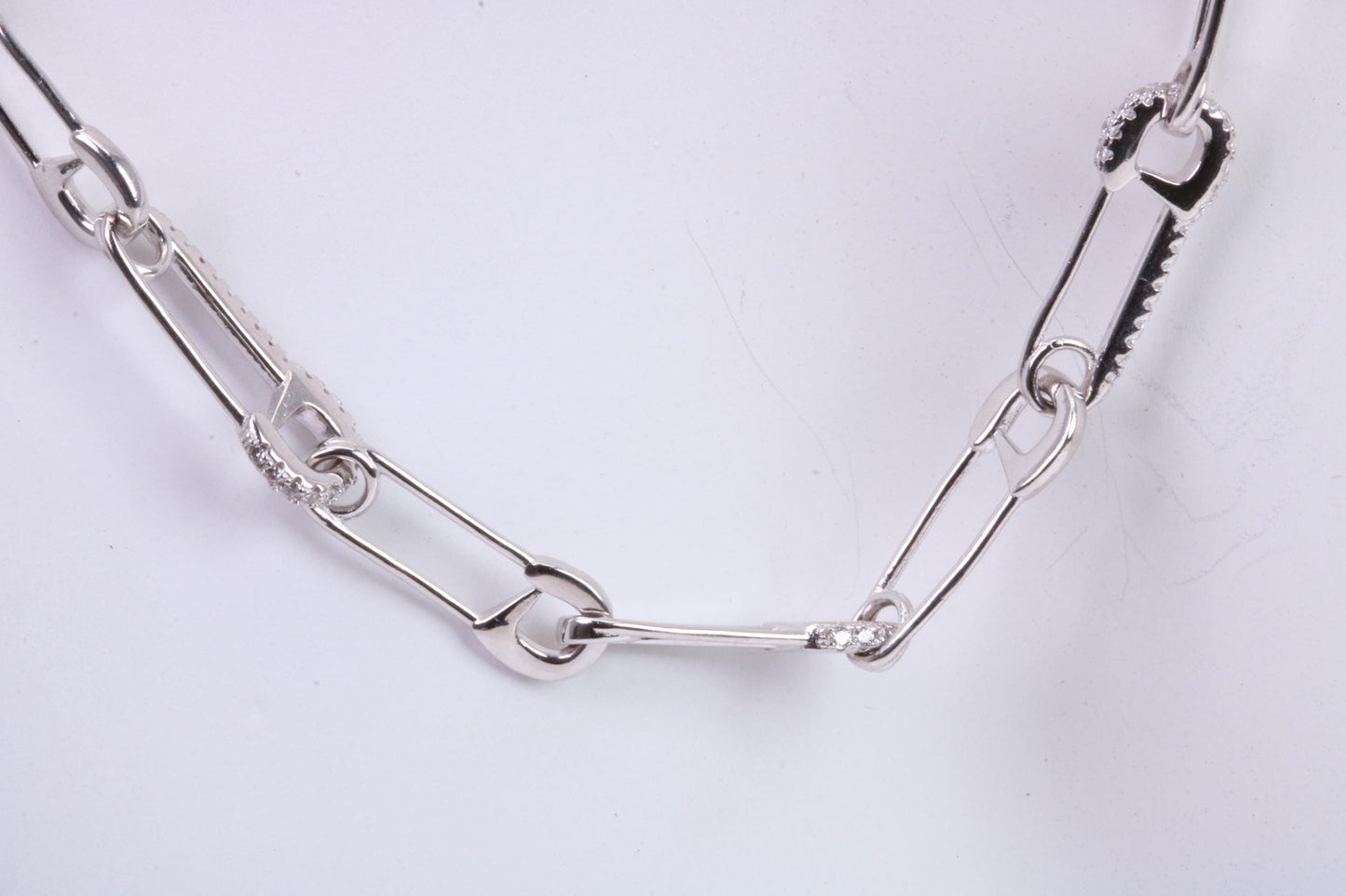 Safety Pin Links Chain, set with top graded Cubic Zirconia, made from solid Sterling Silver, 30 Inches Long x 7.5 mm wide