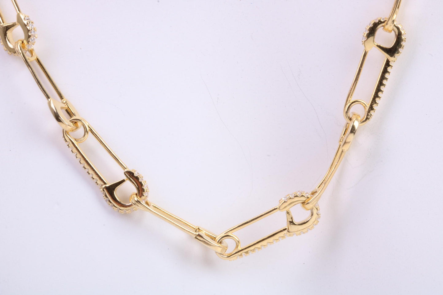 Safety Pin Links Chain, Gold Plated and set with top graded Cubic Zirconia, made from solid Sterling Silver, 30 Inches Long x 7.5 mm wide