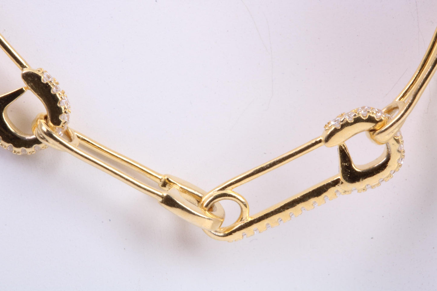 Safety Pin Links Chain, Gold Plated and set with top graded Cubic Zirconia, made from solid Sterling Silver, 30 Inches Long x 7.5 mm wide