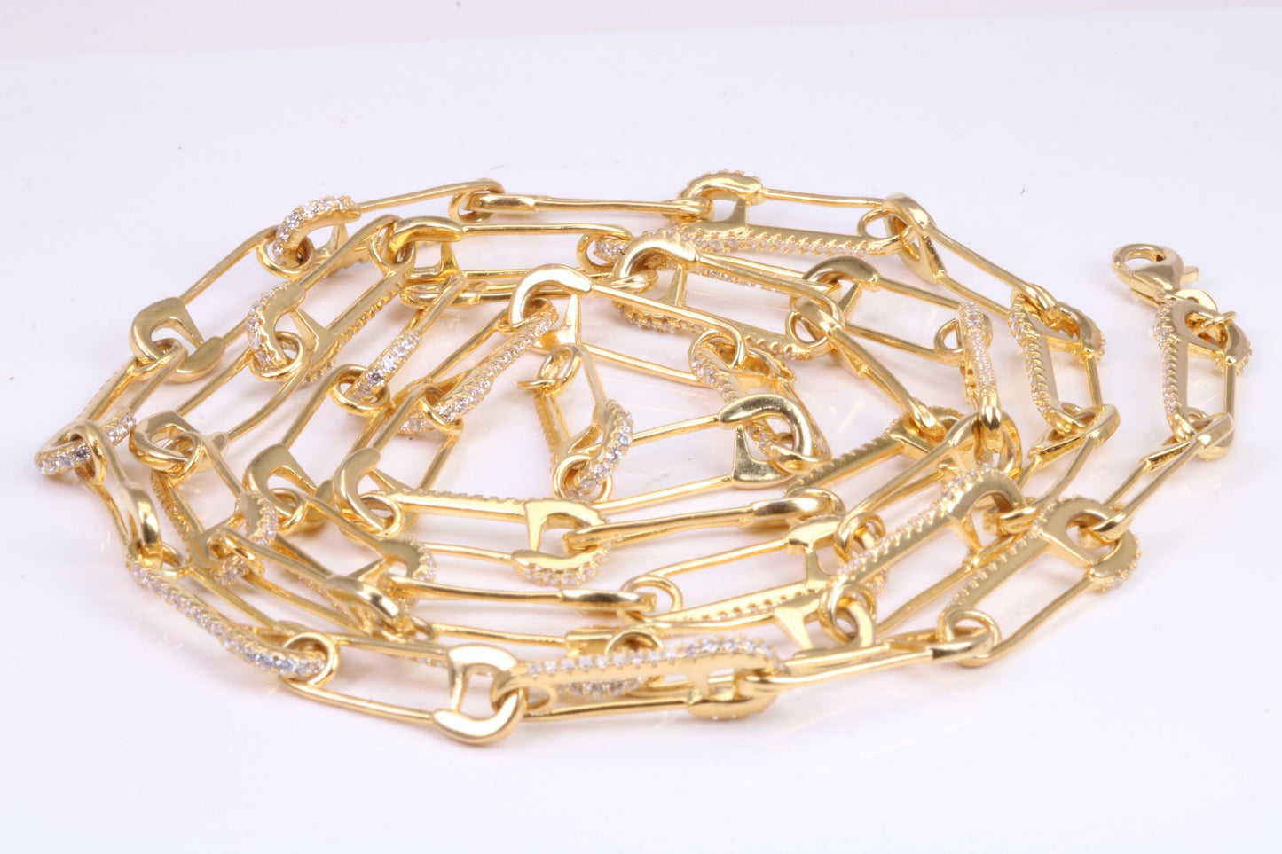 Safety Pin Links Chain, Gold Plated and set with top graded Cubic Zirconia, made from solid Sterling Silver, 30 Inches Long x 7.5 mm wide