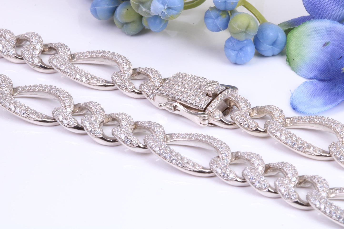 Gents heavy Flat Diamond cut Cubic Zirconia set Curb Links, made from solid Sterling Silver, 20 Inches Long x 10 mm wide
