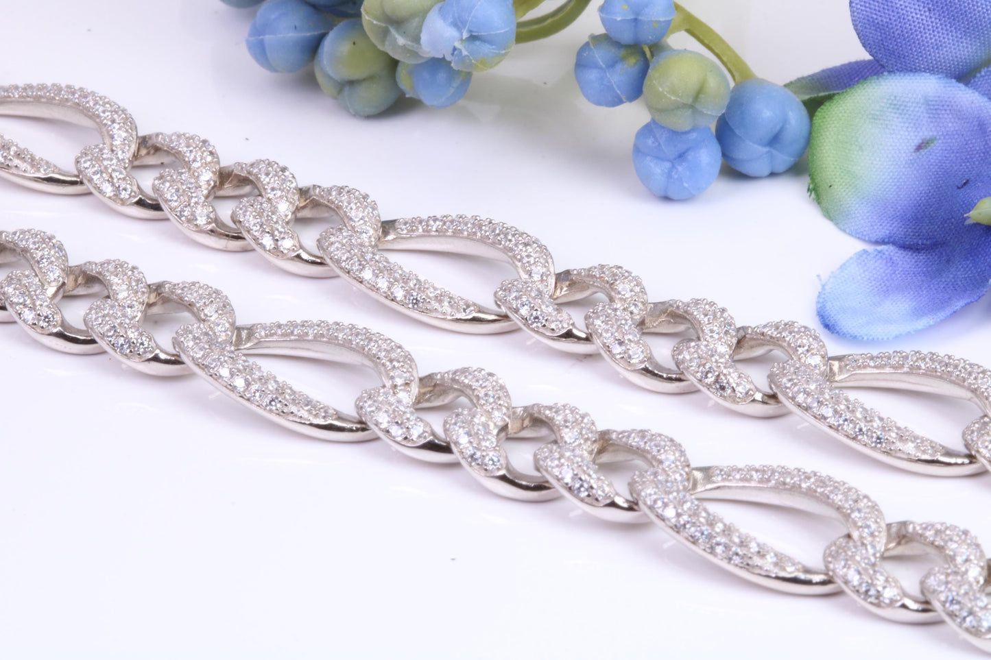 Gents heavy Flat Diamond cut Cubic Zirconia set Curb Links, made from solid Sterling Silver, 20 Inches Long x 10 mm wide