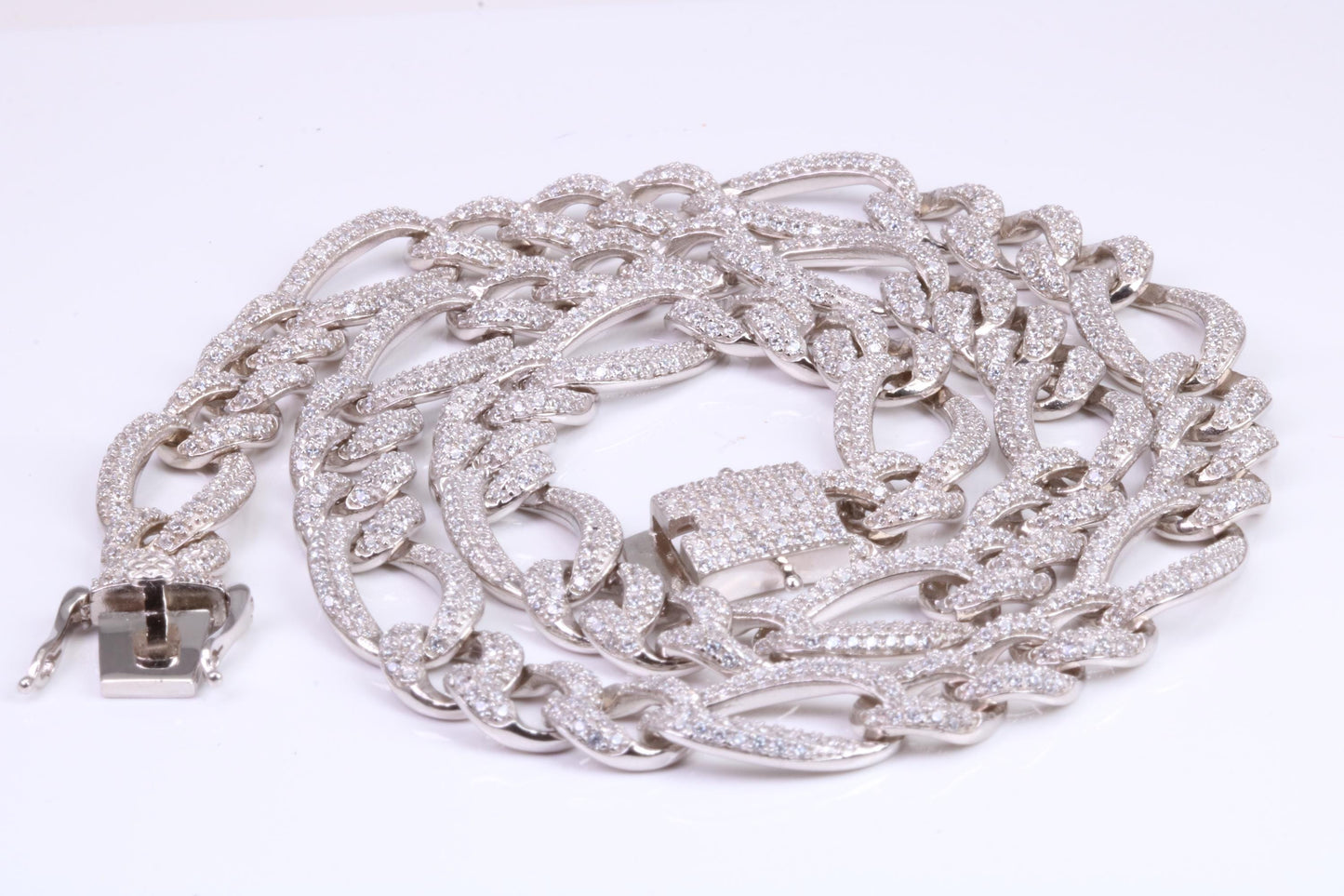 Gents heavy Flat Diamond cut Cubic Zirconia set Curb Links, made from solid Sterling Silver, 20 Inches Long x 10 mm wide