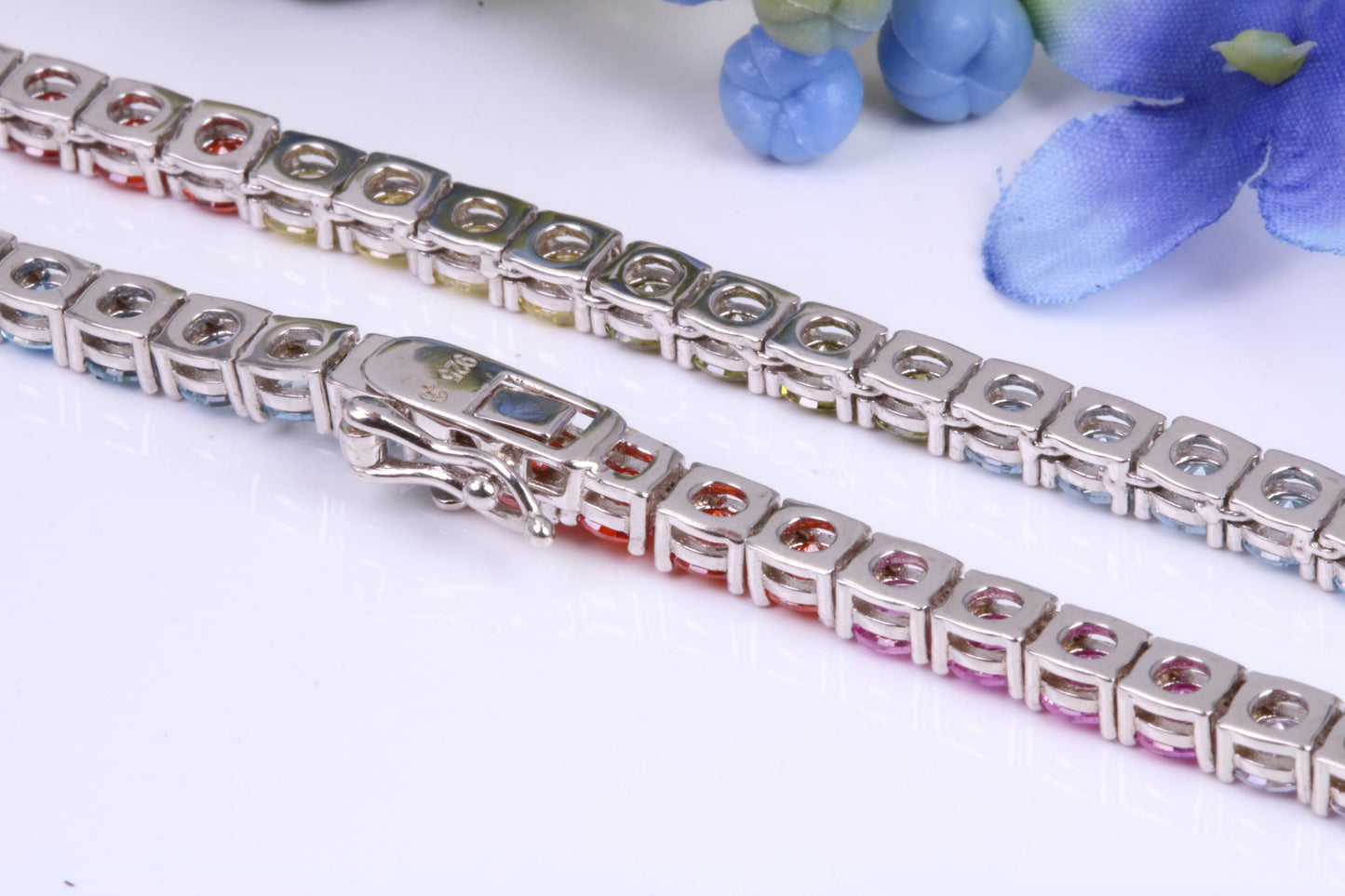 Rainbow Cubic Zirconia set Tennis Necklace, made from solid Sterling Silver, 20 Inches Long x 4 mm wide