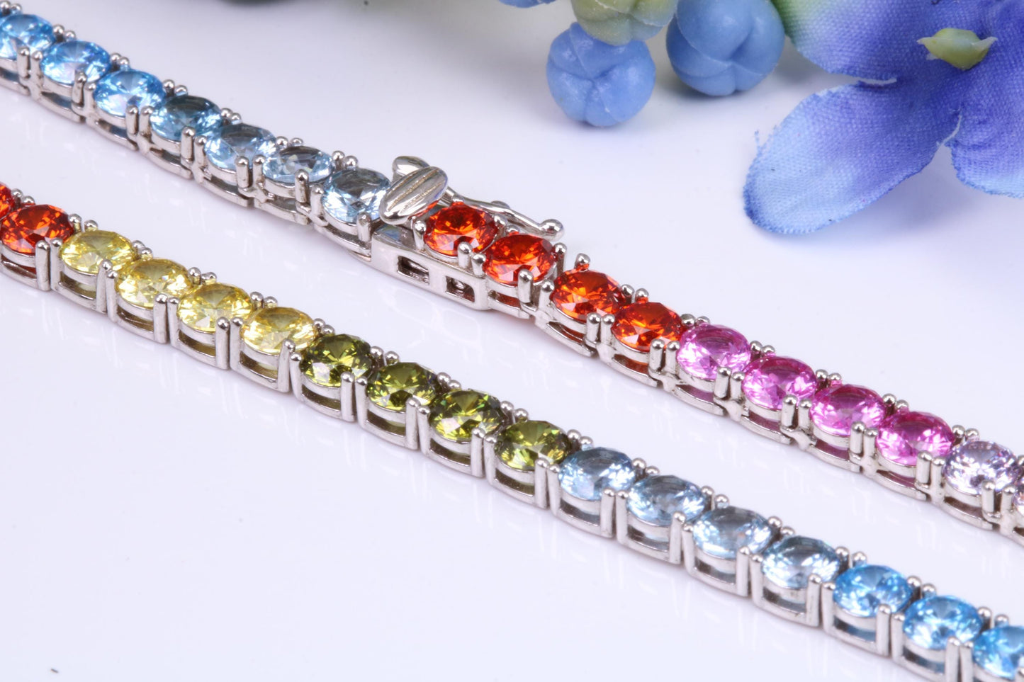 Rainbow Cubic Zirconia set Tennis Necklace, made from solid Sterling Silver, 20 Inches Long x 4 mm wide