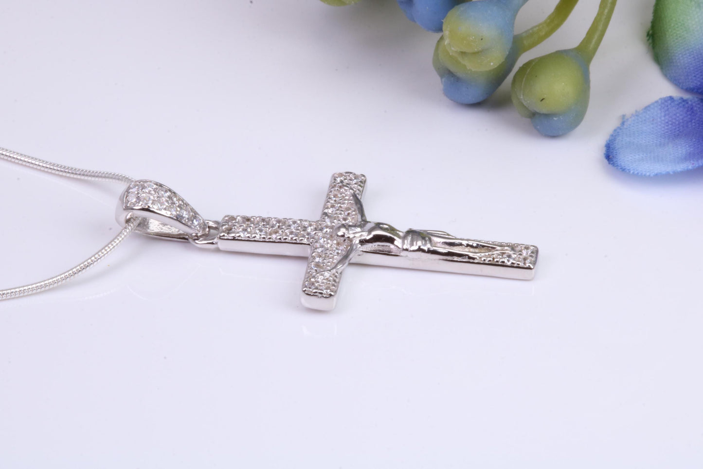Small 32 mm Long Cubic Zirconia set Crucifix Necklace, Made From Solid Cast Silver, Complete With Silver Chain