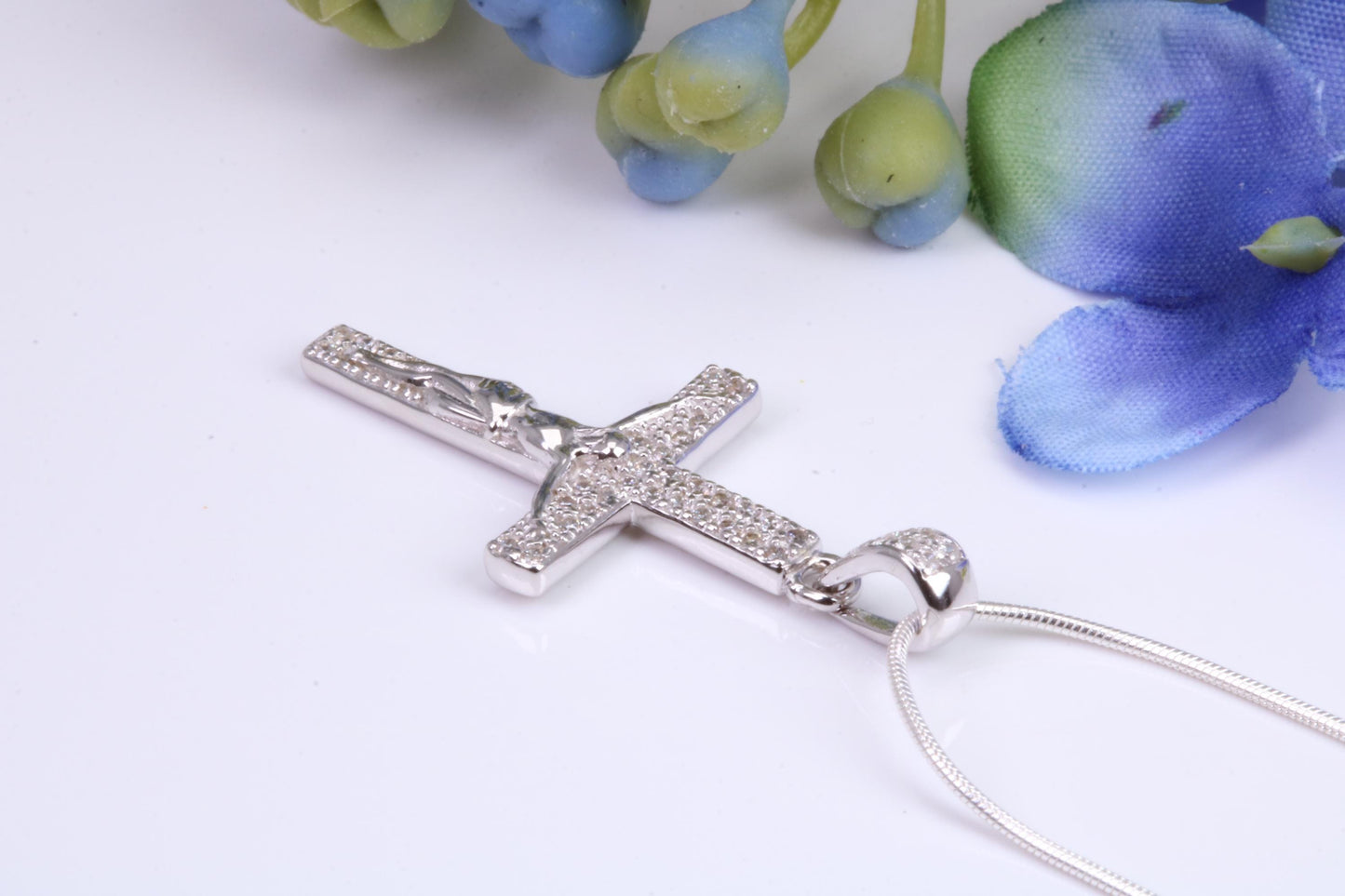 Small 32 mm Long Cubic Zirconia set Crucifix Necklace, Made From Solid Cast Silver, Complete With Silver Chain