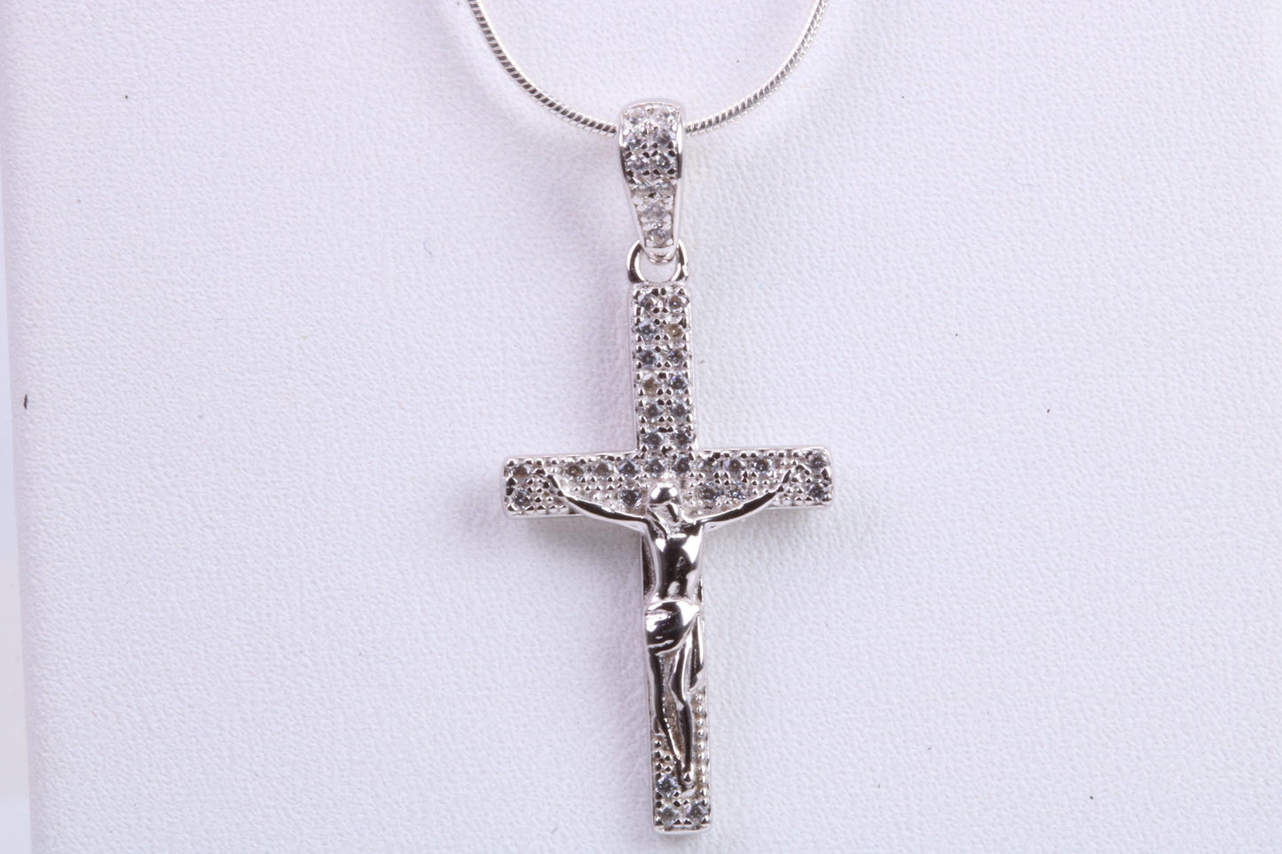 Small 32 mm Long Cubic Zirconia set Crucifix Necklace, Made From Solid Cast Silver, Complete With Silver Chain