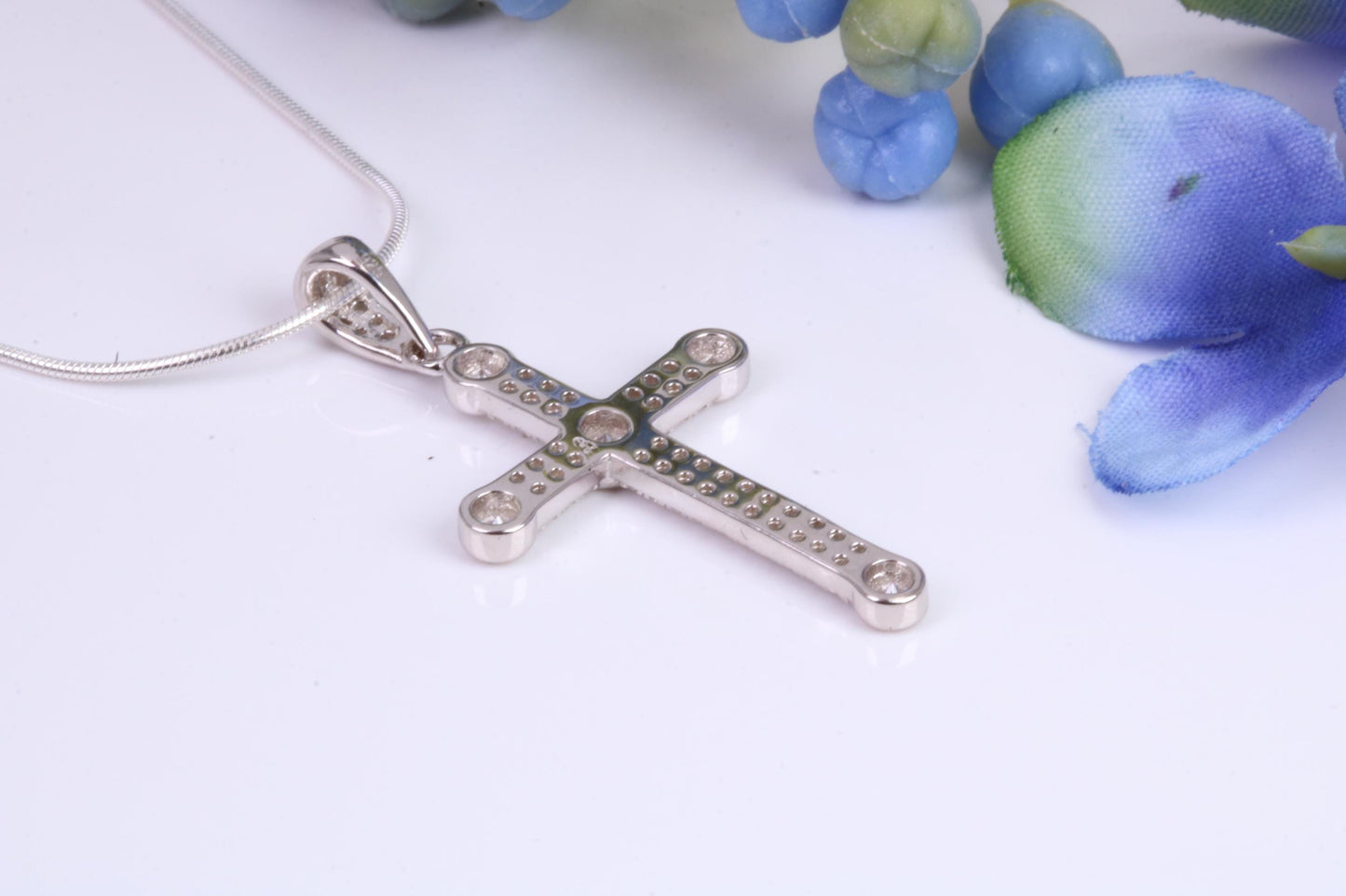 Small 32 mm Long Cubic Zirconia set Cross Necklace, Made From Solid Cast Silver, Complete With Silver Chain