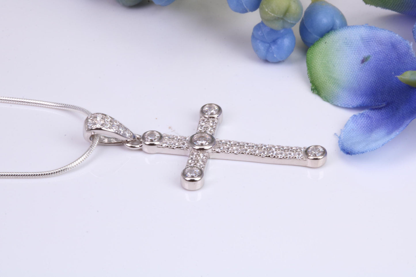 Small 32 mm Long Cubic Zirconia set Cross Necklace, Made From Solid Cast Silver, Complete With Silver Chain