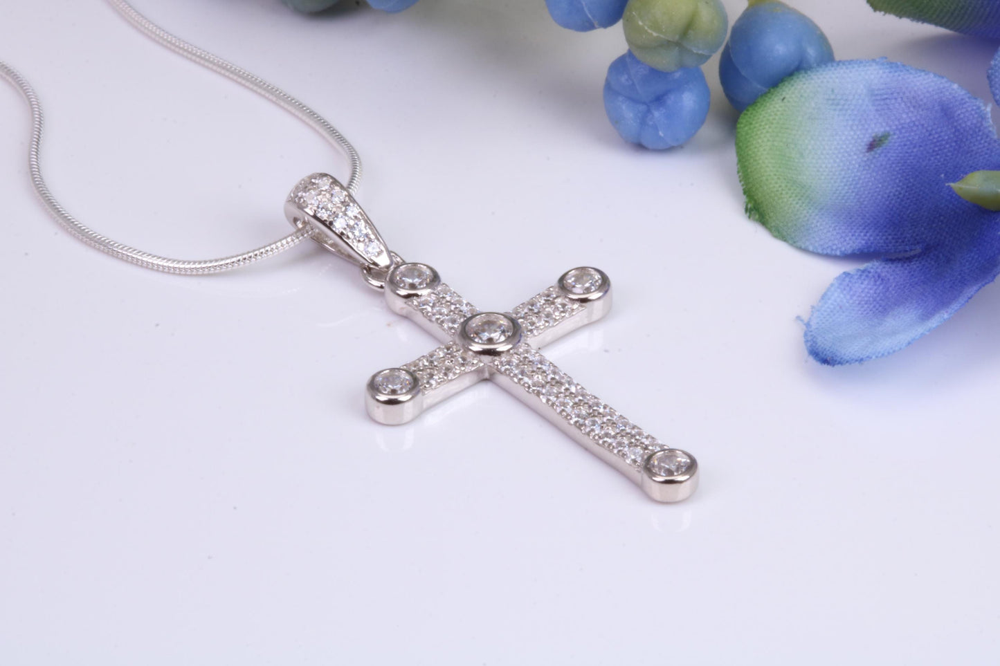 Small 32 mm Long Cubic Zirconia set Cross Necklace, Made From Solid Cast Silver, Complete With Silver Chain