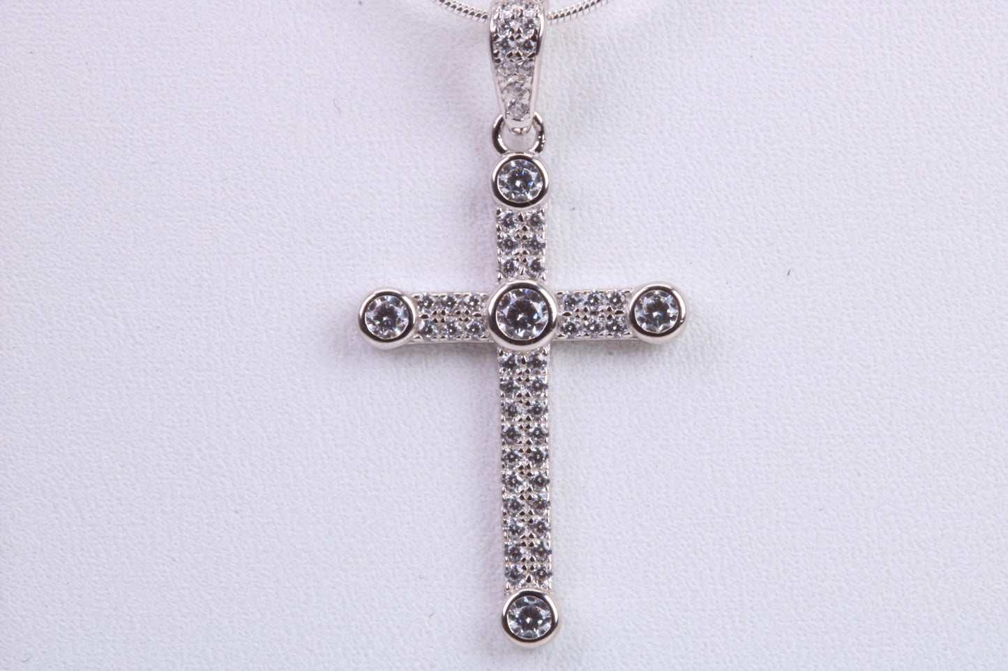 Small 32 mm Long Cubic Zirconia set Cross Necklace, Made From Solid Cast Silver, Complete With Silver Chain