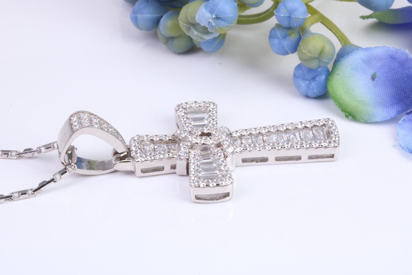 45 mm Long Cubic Zirconia Encrusted Cross Necklace, made from solid Sterling Silver