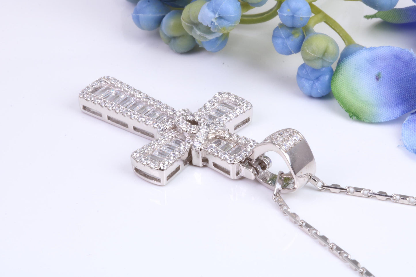 45 mm Long Cubic Zirconia Encrusted Cross Necklace, made from solid Sterling Silver