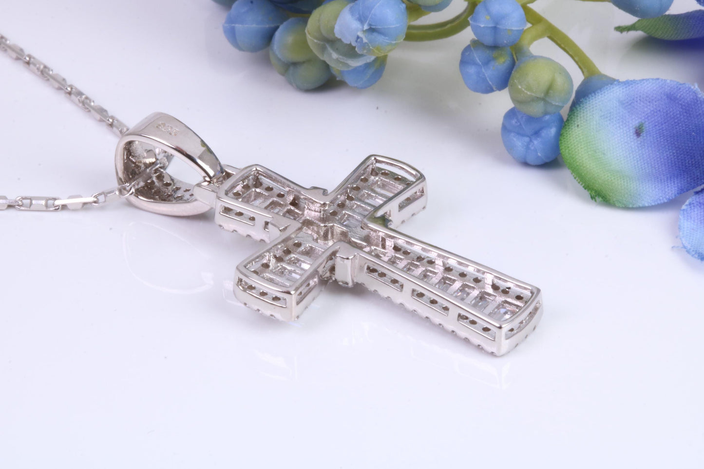 45 mm Long Cubic Zirconia Encrusted Cross Necklace, made from solid Sterling Silver