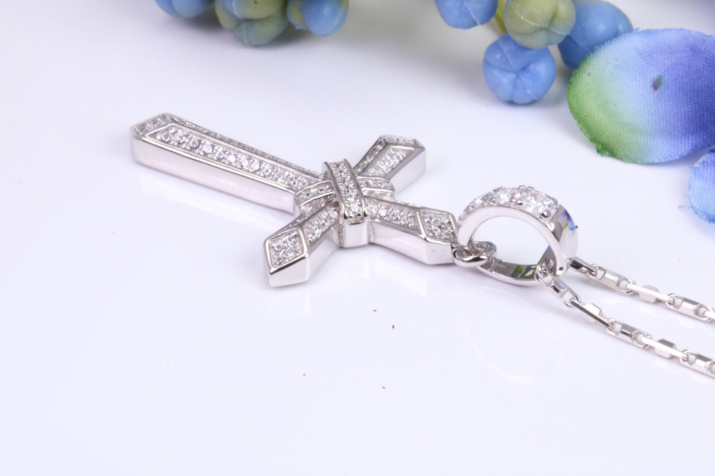 42 mm Long Cubic Zirconia Encrusted Cross Necklace, made from solid Sterling Silver