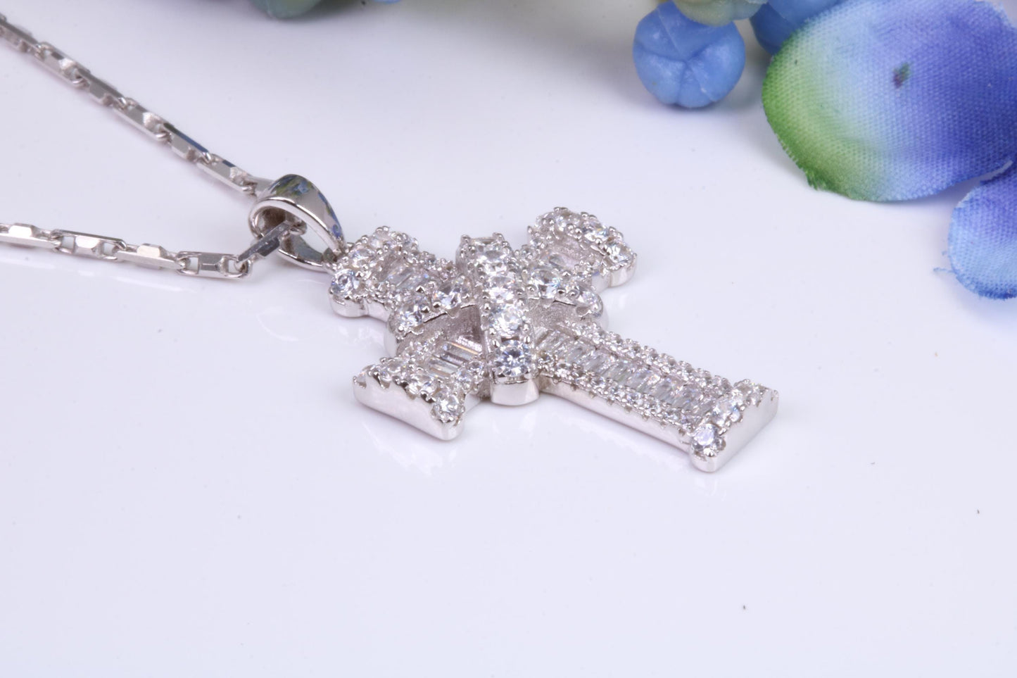 31 mm Long Cubic Zirconia Encrusted Cross Necklace, made from solid Sterling Silver