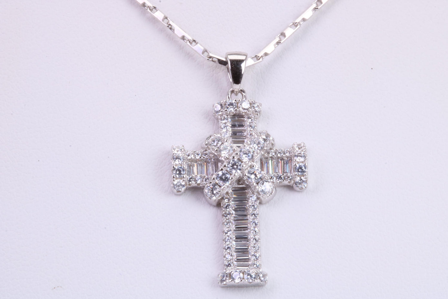 31 mm Long Cubic Zirconia Encrusted Cross Necklace, made from solid Sterling Silver