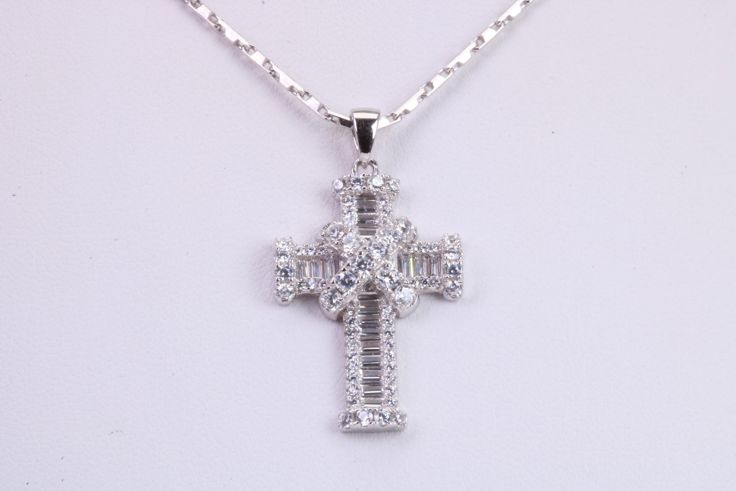 31 mm Long Cubic Zirconia Encrusted Cross Necklace, made from solid Sterling Silver
