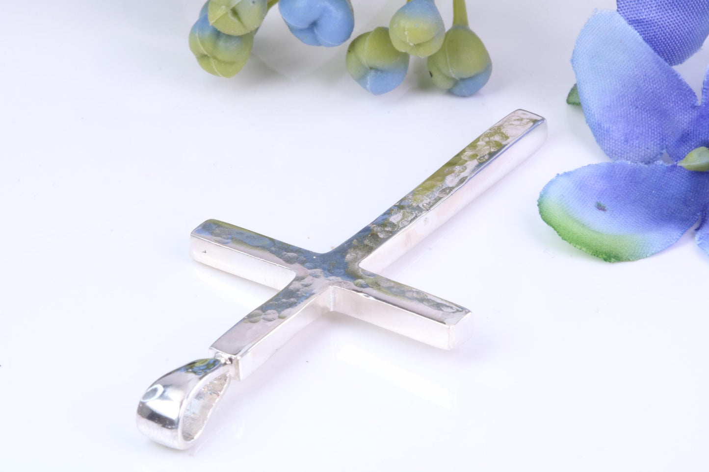 Large Hammered Finish 50 mm Long Chunky Cross, High Polished Finish, Made From Solid Cast Silver, British Hallmarked