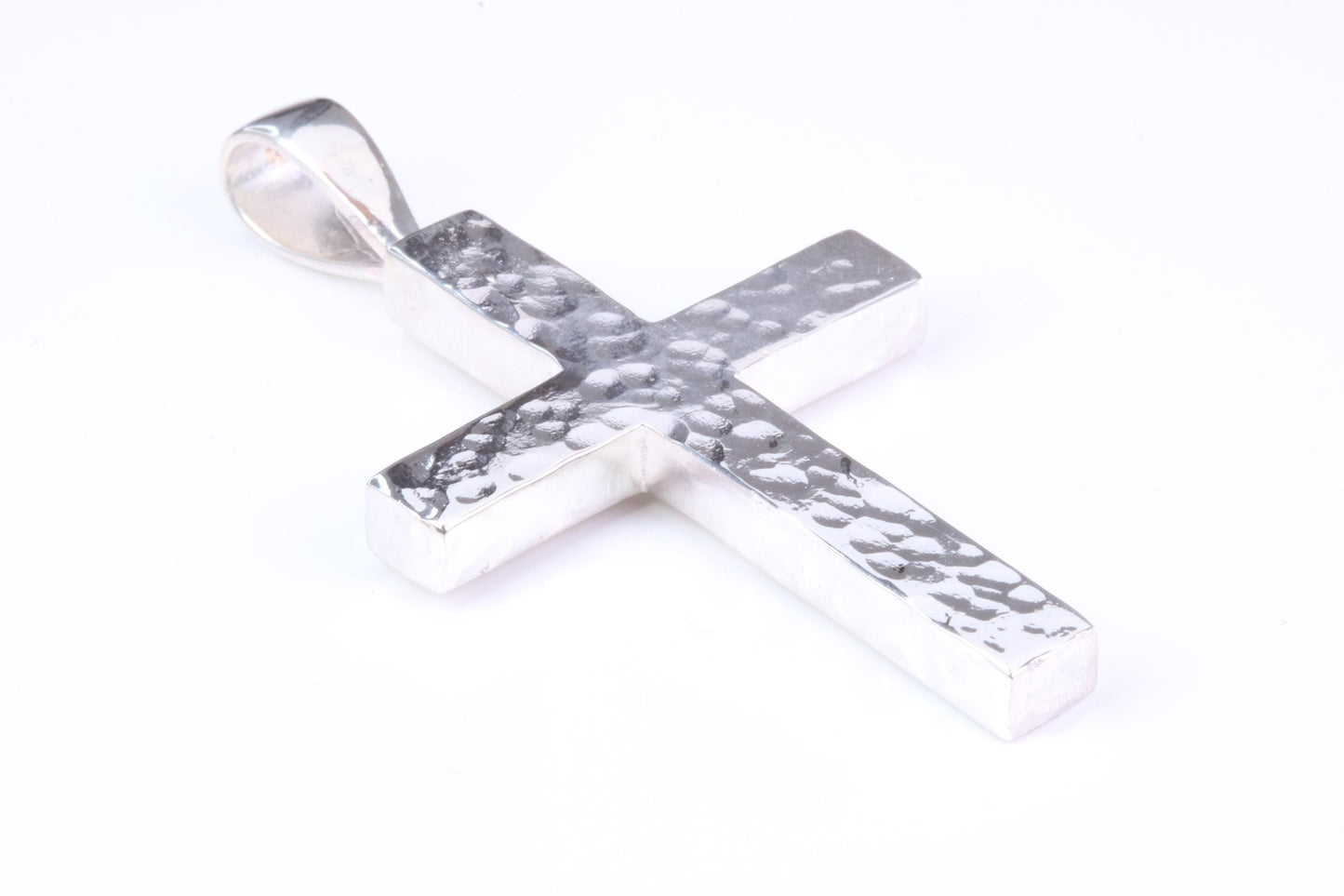 Large Chunky Hammered Finish 57 mm Long Chunky Cross, High Polished Finish, Made From Solid Cast Silver, British Hallmarked