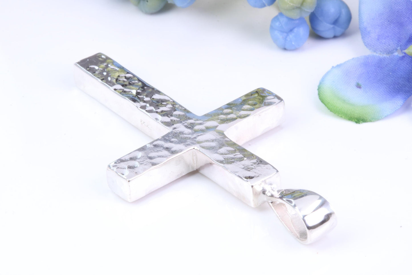 Large Chunky Hammered Finish 57 mm Long Chunky Cross, High Polished Finish, Made From Solid Cast Silver, British Hallmarked