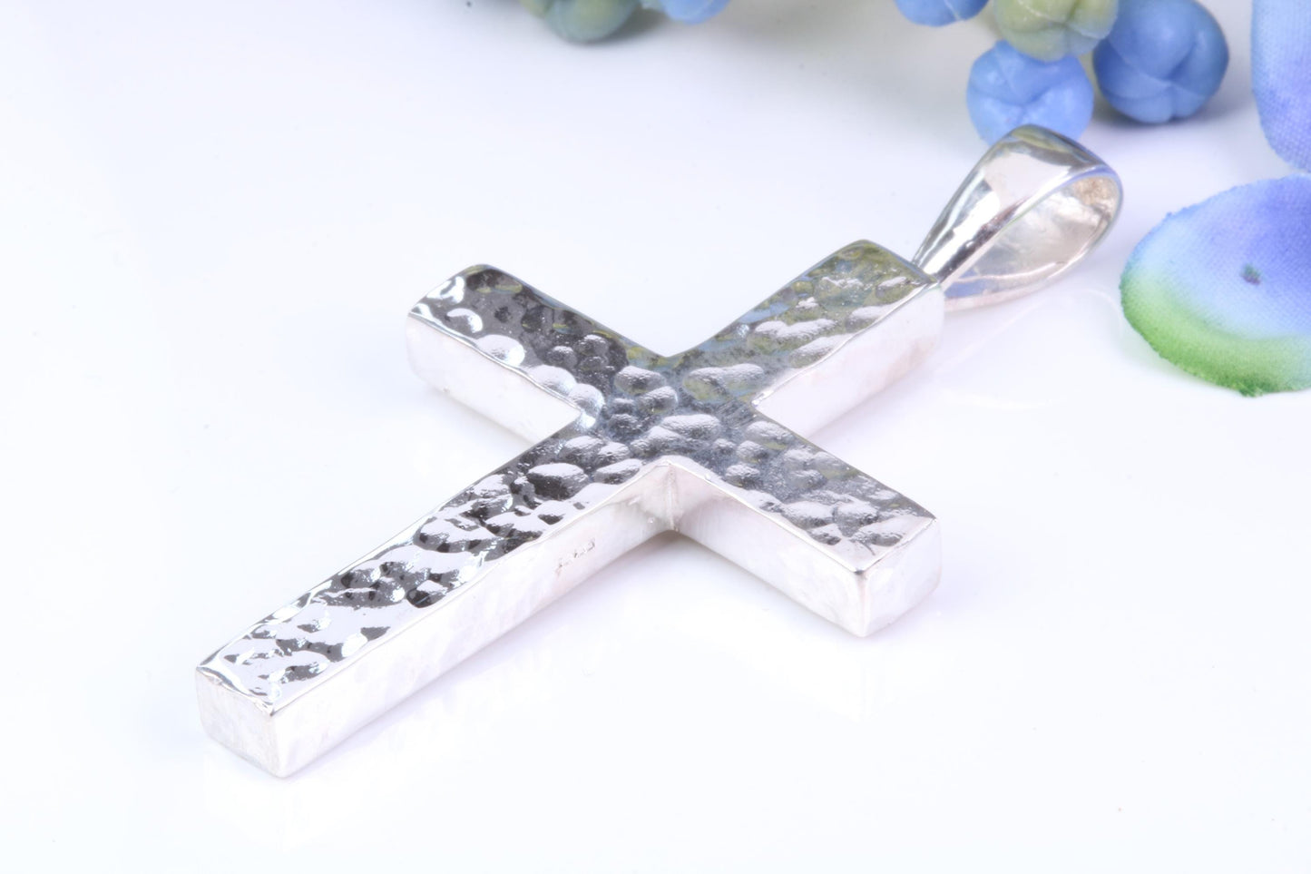 Large Chunky Hammered Finish 57 mm Long Chunky Cross, High Polished Finish, Made From Solid Cast Silver, British Hallmarked