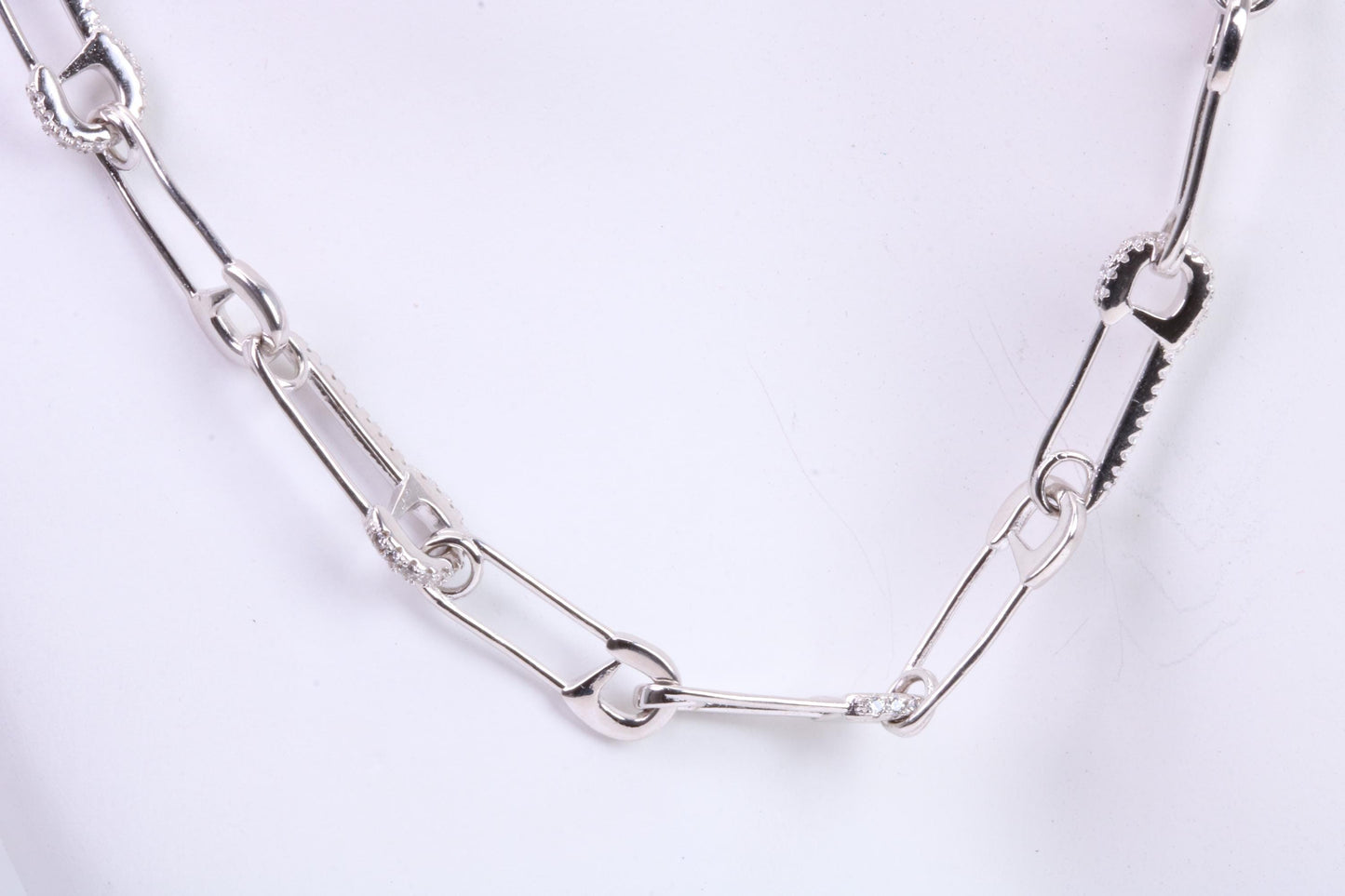 Safety Pin Links Chain, set with top graded Cubic Zirconia, made from solid Sterling Silver, 30 Inches Long x 7.5 mm wide