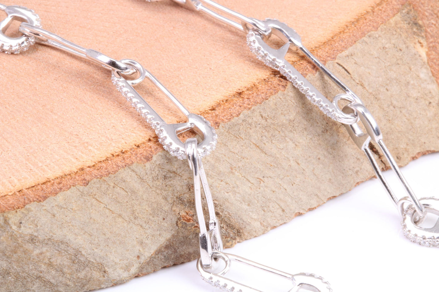 Safety Pin Links Chain, set with top graded Cubic Zirconia, made from solid Sterling Silver, 30 Inches Long x 7.5 mm wide