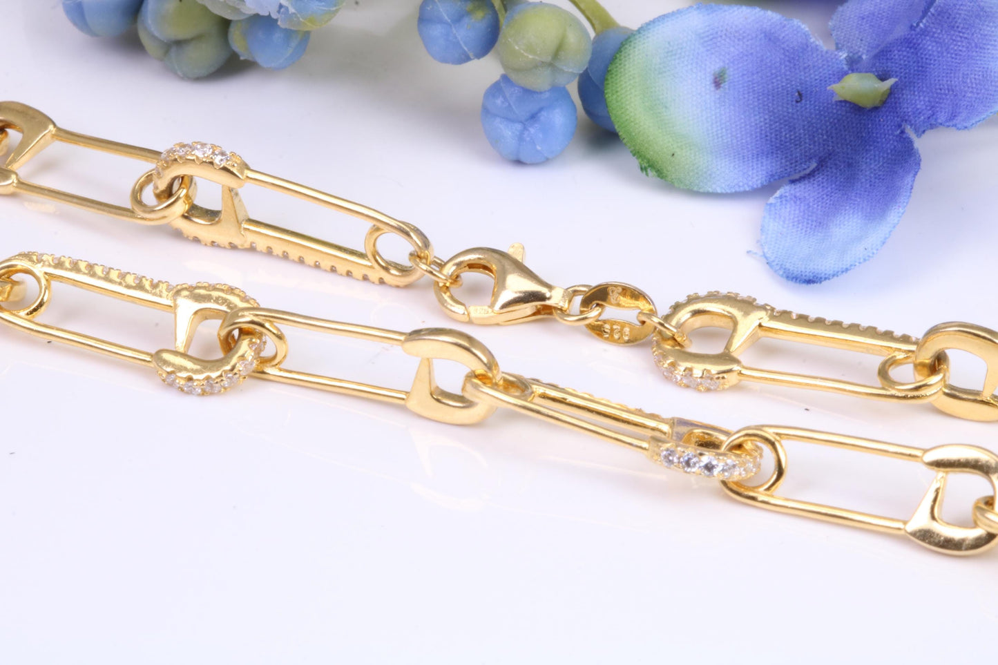 Safety Pin Links Chain, Gold Plated and set with top graded Cubic Zirconia, made from solid Sterling Silver, 30 Inches Long x 7.5 mm wide