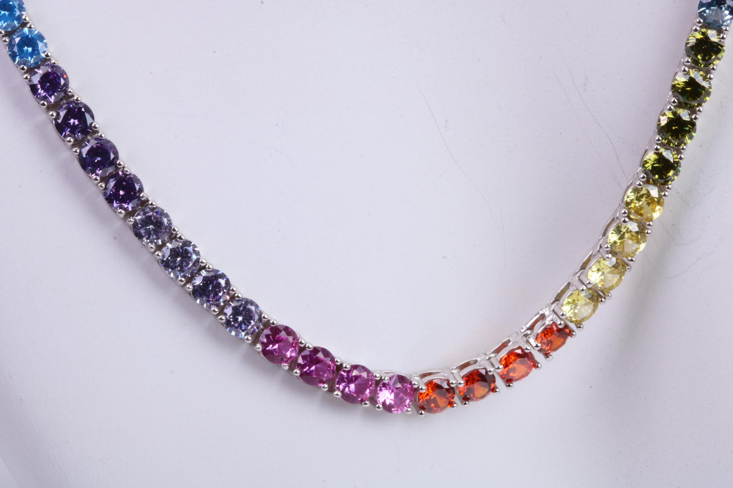 Rainbow Cubic Zirconia set Tennis Necklace, made from solid Sterling Silver, 20 Inches Long x 4 mm wide