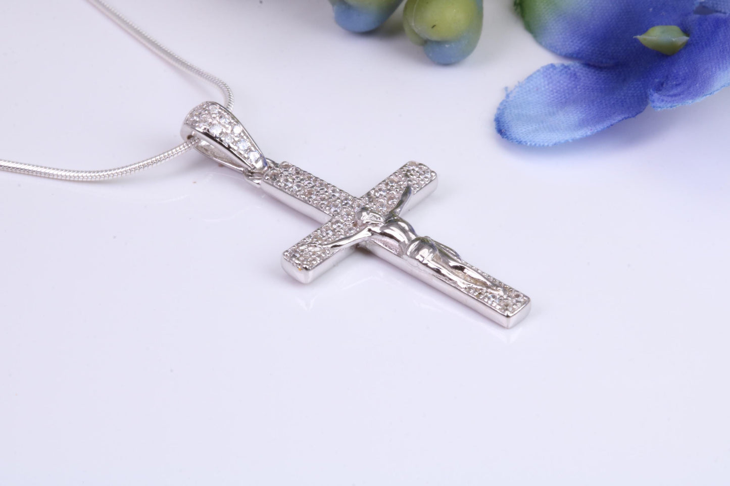 Small 32 mm Long Cubic Zirconia set Crucifix Necklace, Made From Solid Cast Silver, Complete With Silver Chain