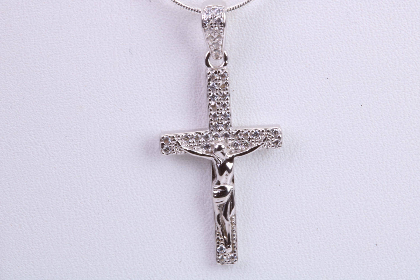 Small 32 mm Long Cubic Zirconia set Crucifix Necklace, Made From Solid Cast Silver, Complete With Silver Chain