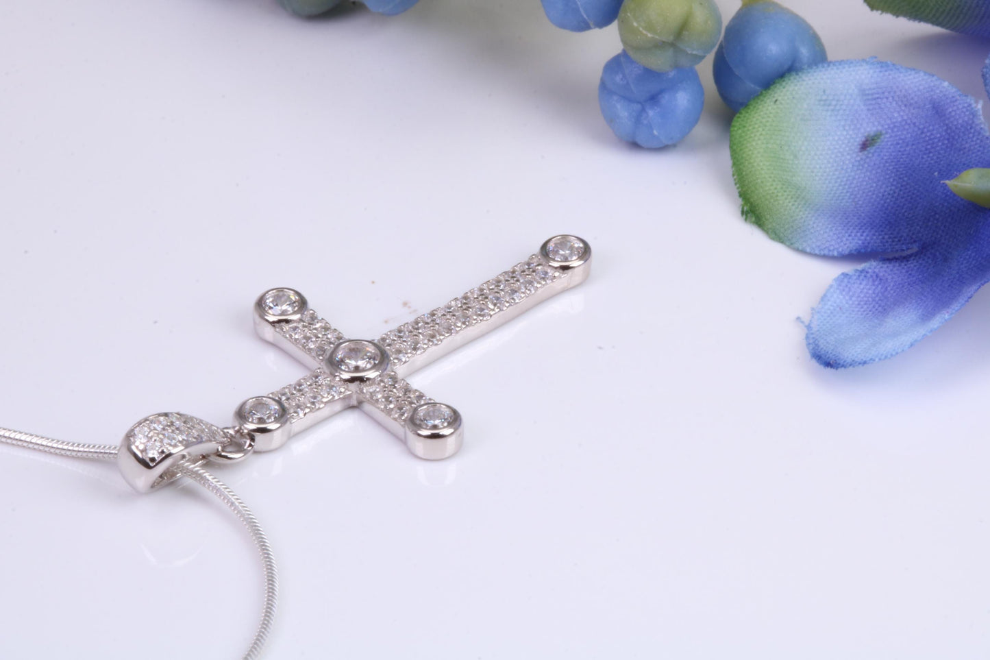 Small 32 mm Long Cubic Zirconia set Cross Necklace, Made From Solid Cast Silver, Complete With Silver Chain