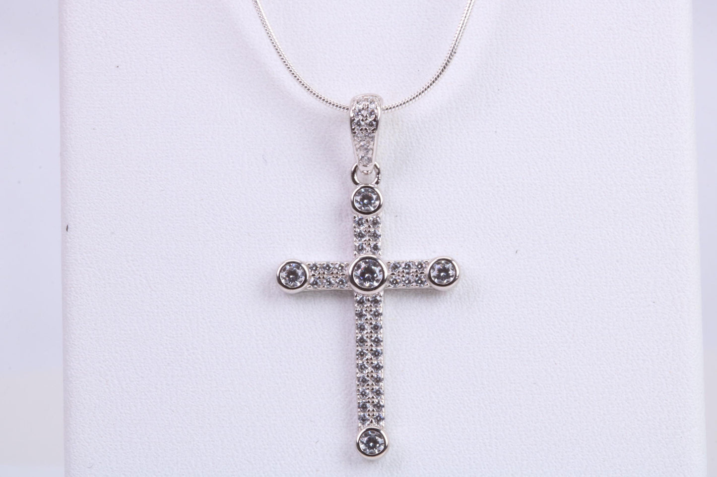 Small 32 mm Long Cubic Zirconia set Cross Necklace, Made From Solid Cast Silver, Complete With Silver Chain