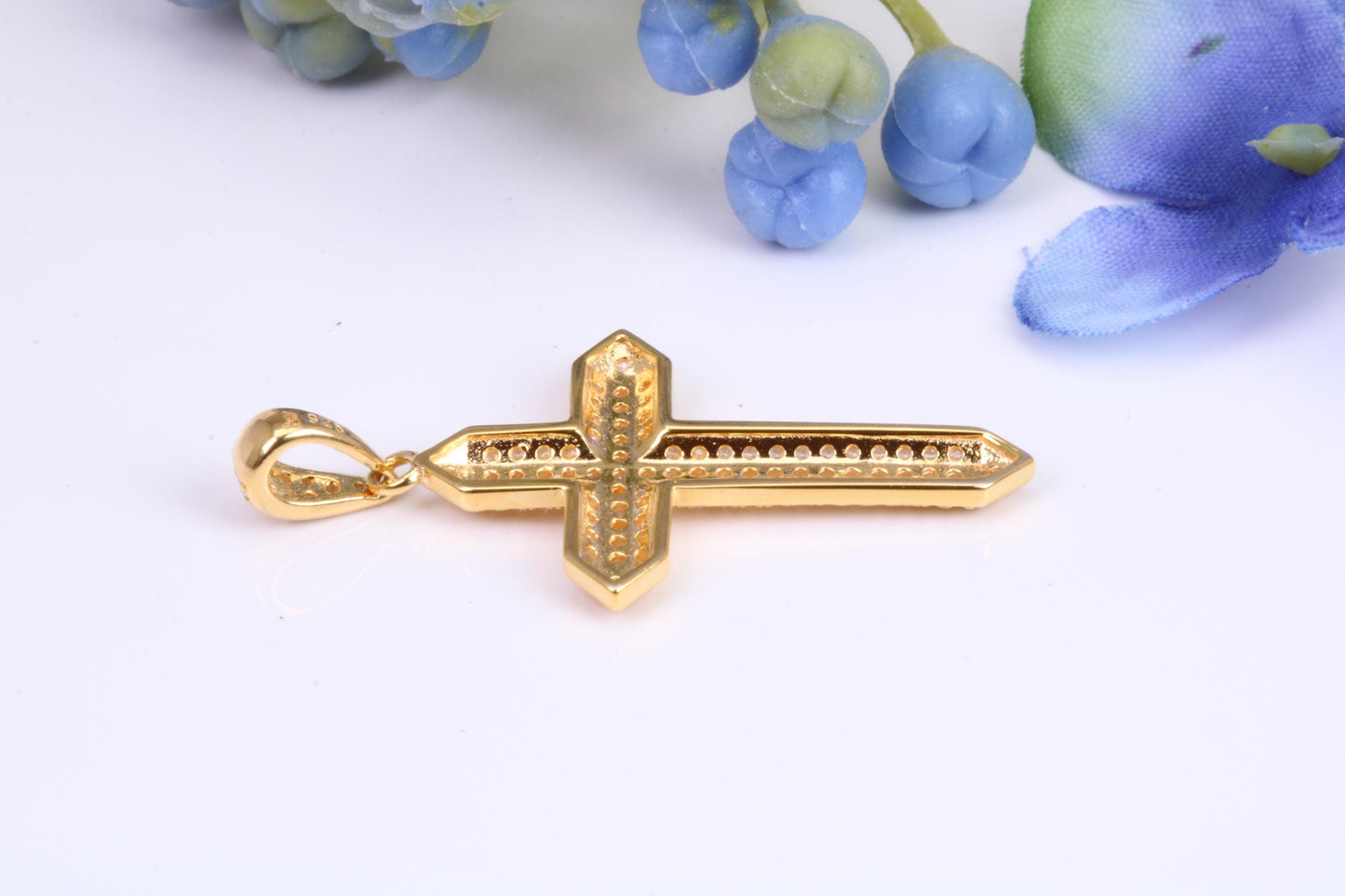 Small 34 mm Long Cubic Zirconia set Cross Necklace, Made From Solid Cast Silver and Gold Plated