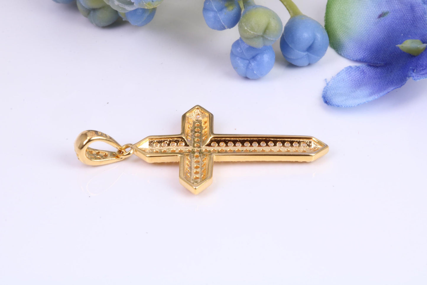 Small 34 mm Long Cubic Zirconia set Cross Necklace, Made From Solid Cast Silver and Gold Plated
