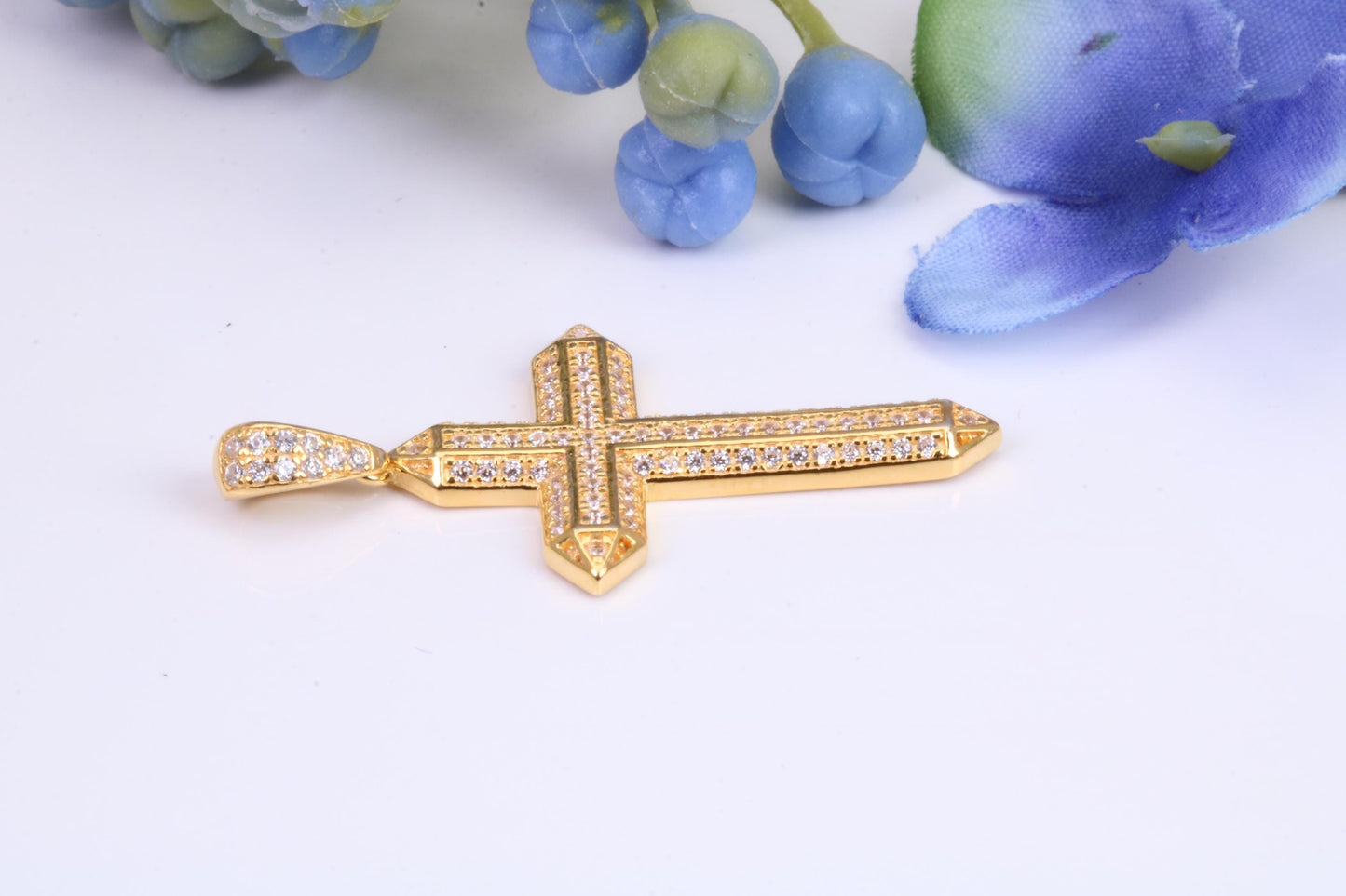 Small 34 mm Long Cubic Zirconia set Cross Necklace, Made From Solid Cast Silver and Gold Plated