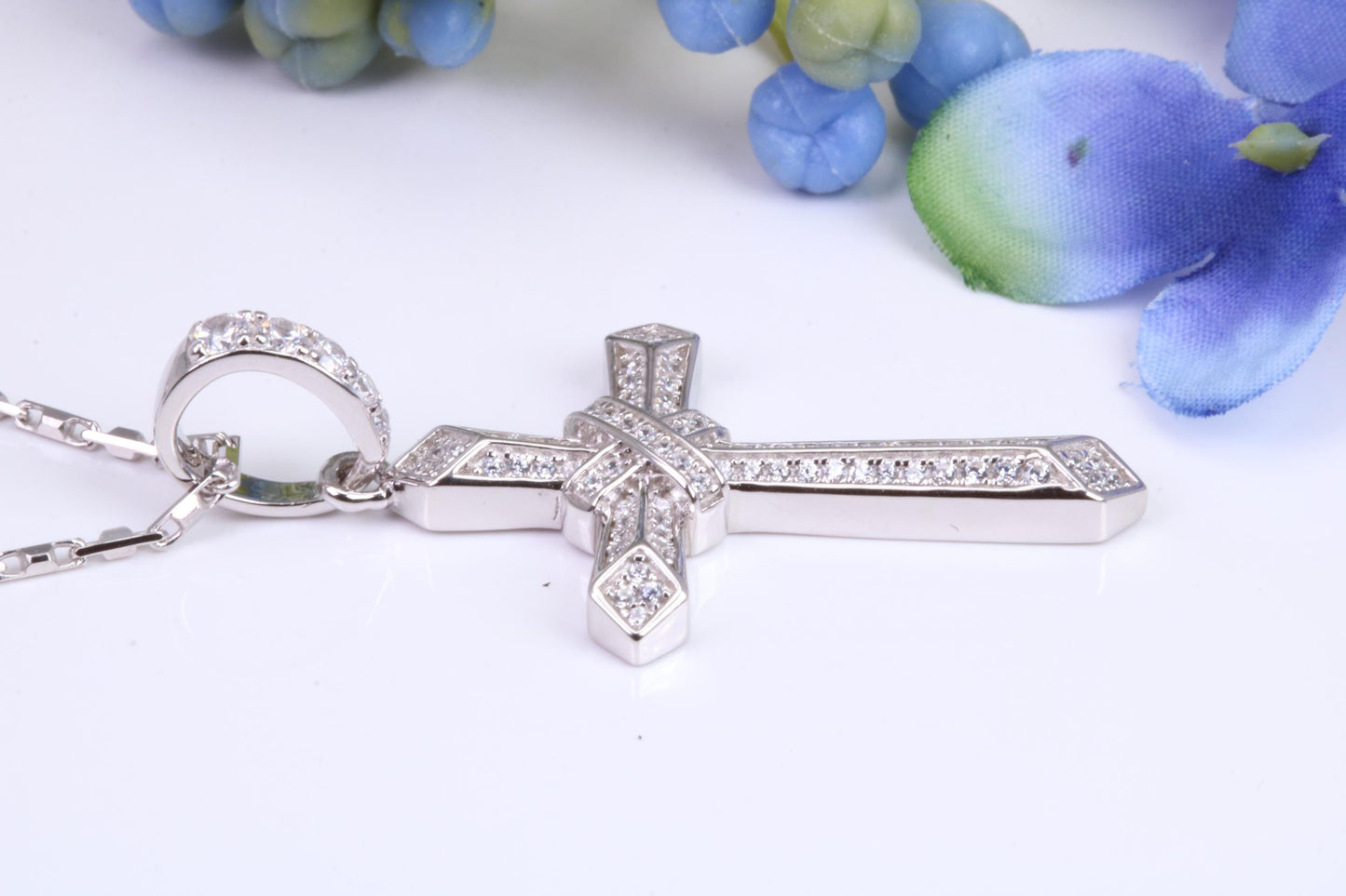 42 mm Long Cubic Zirconia Encrusted Cross Necklace, made from solid Sterling Silver