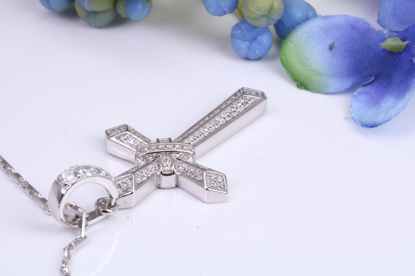 42 mm Long Cubic Zirconia Encrusted Cross Necklace, made from solid Sterling Silver