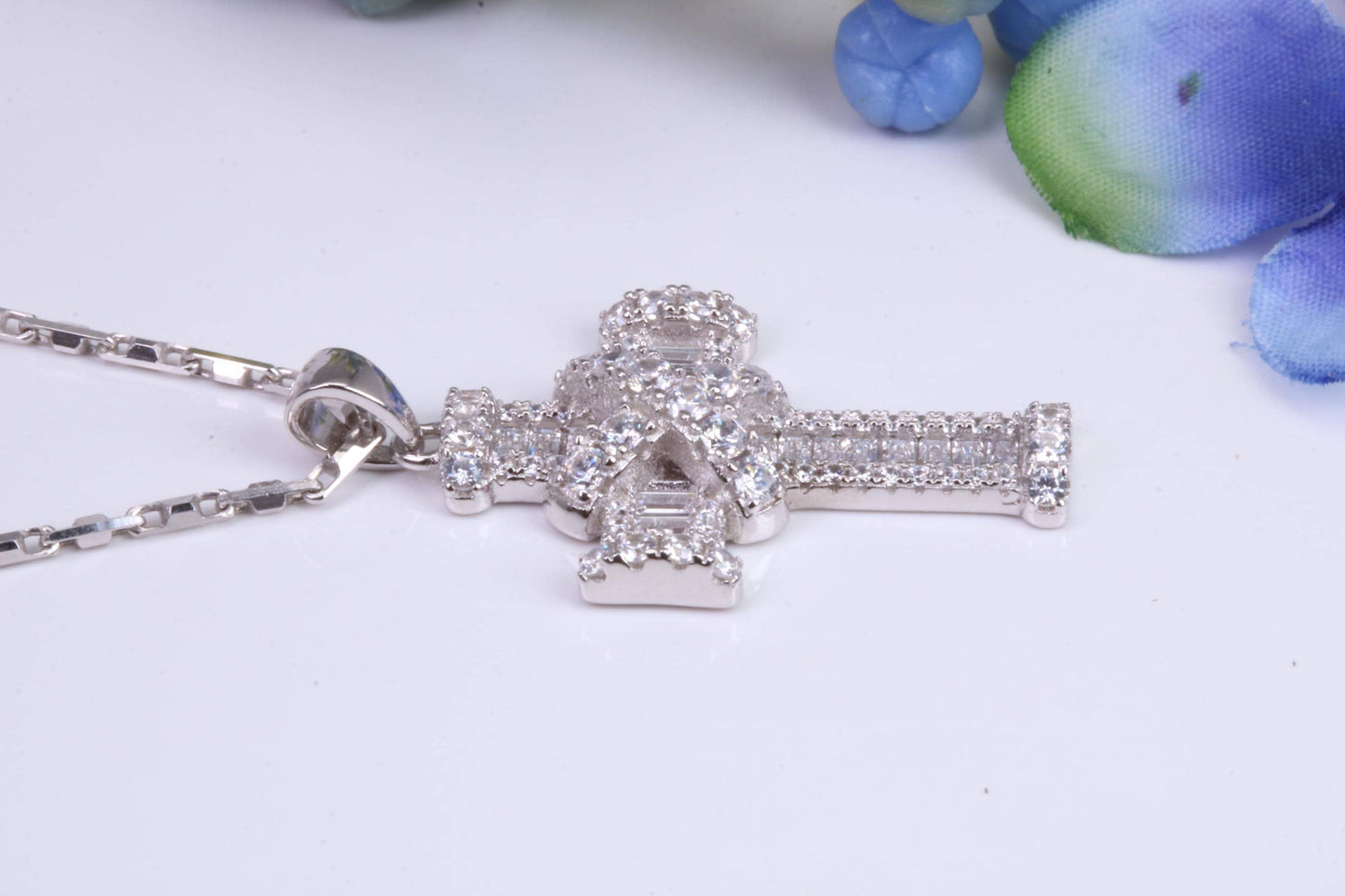 31 mm Long Cubic Zirconia Encrusted Cross Necklace, made from solid Sterling Silver